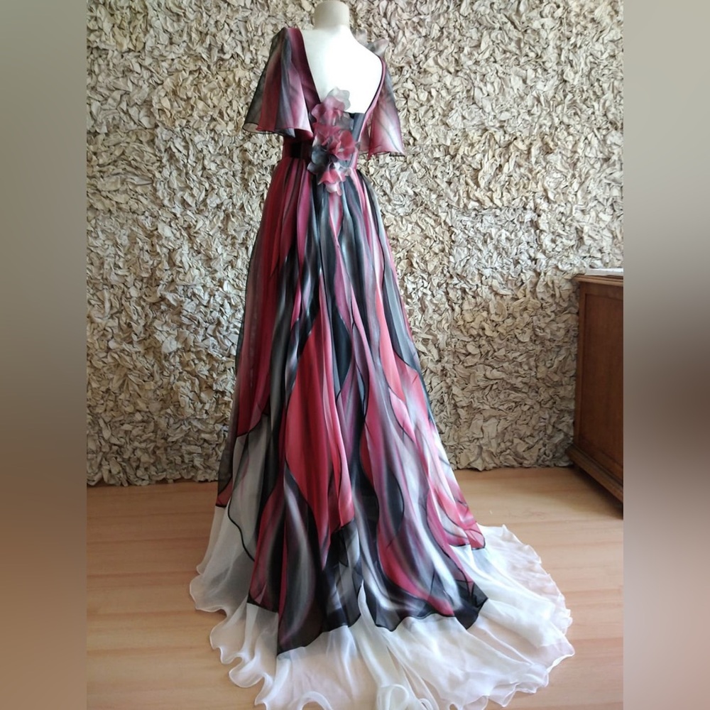 Custom made full length black/grey, red and white gown
